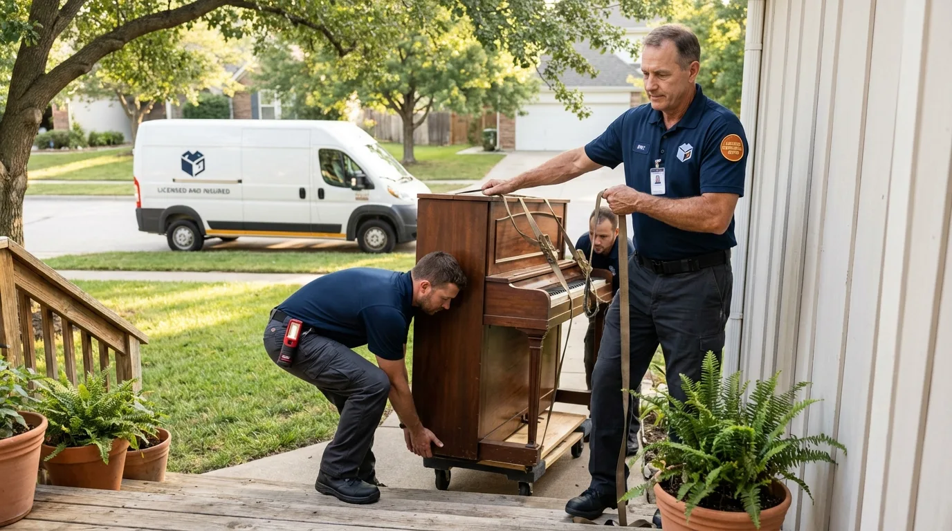 Licensed piano movers securing grand piano in Camden, NJ