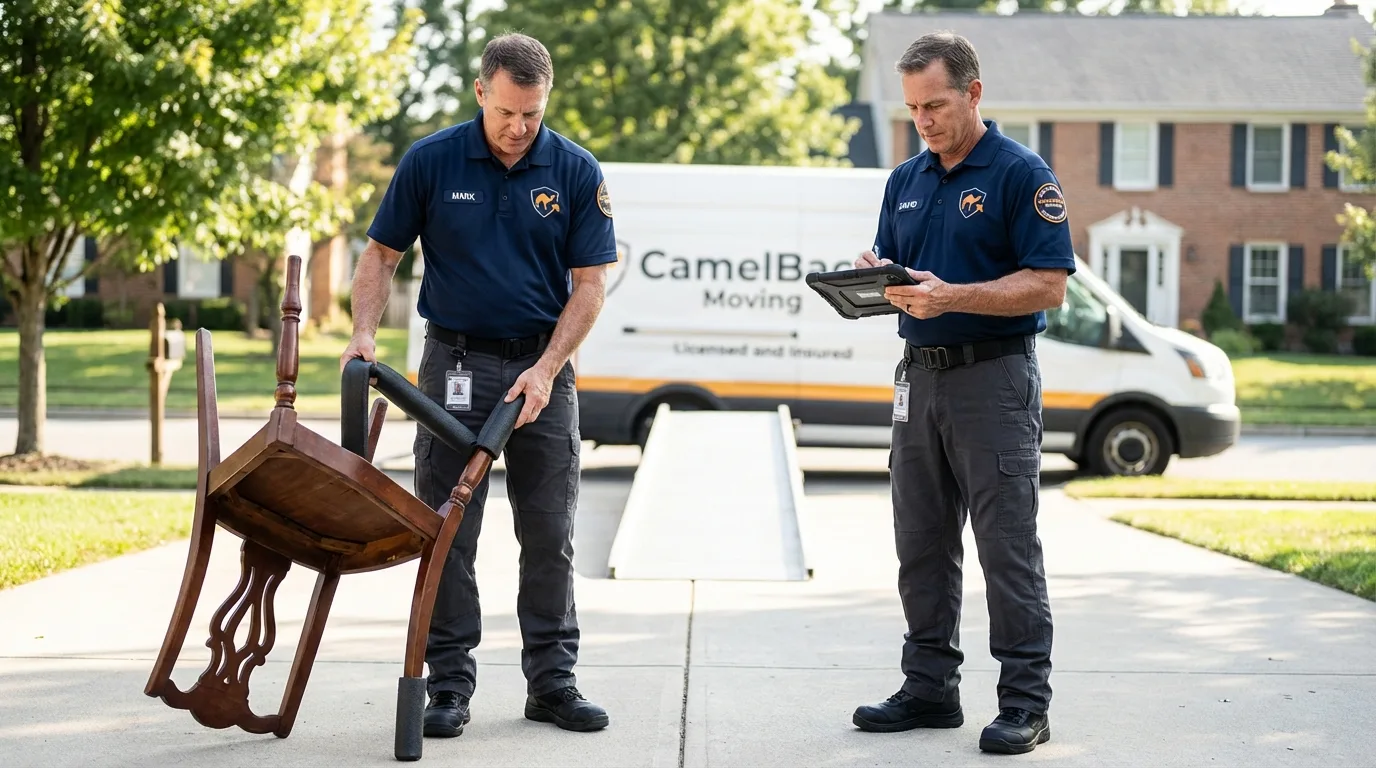 Movers inspecting furniture for damage prevention before loading in Camden, NJ