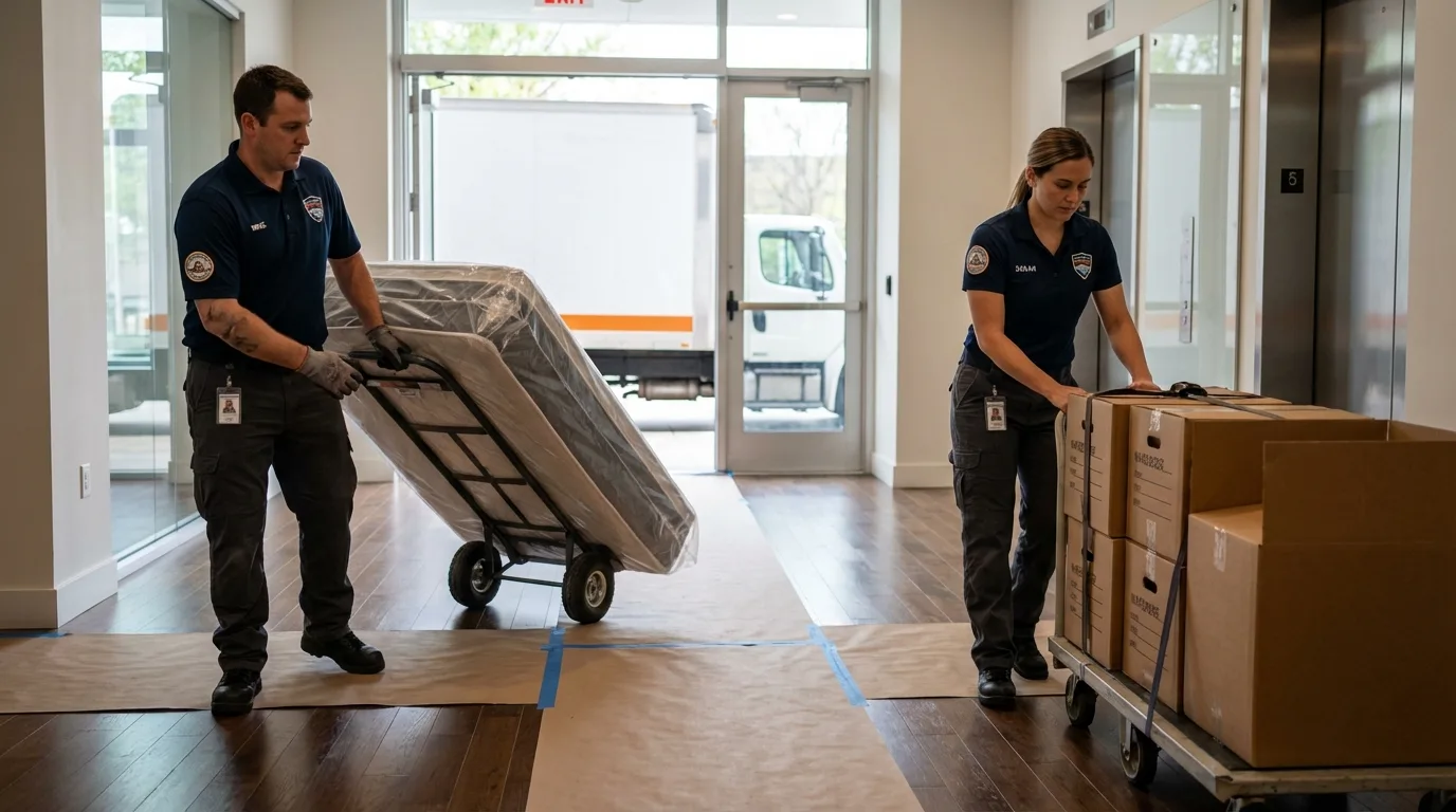 Professional apartment movers loading elevator in Camden, NJ